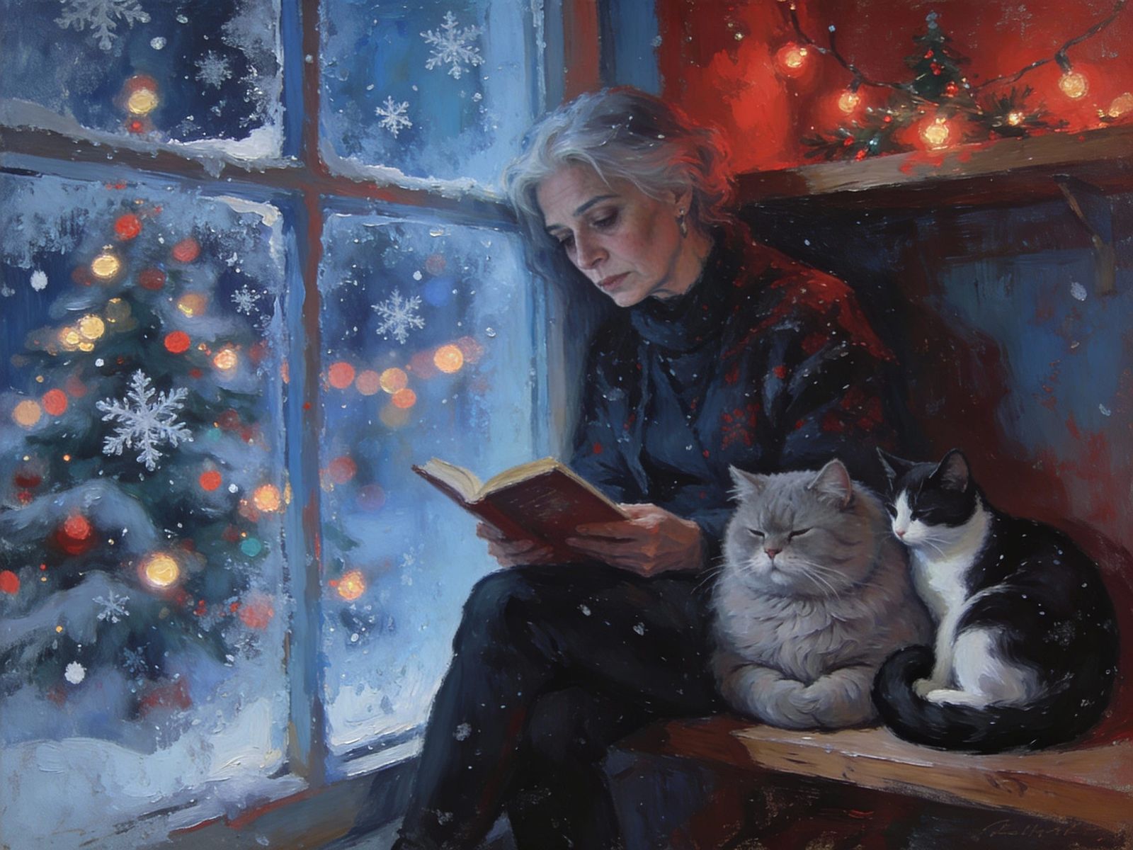 Elderly Woman With Cats Reading by Window in Dreamscape Styl...