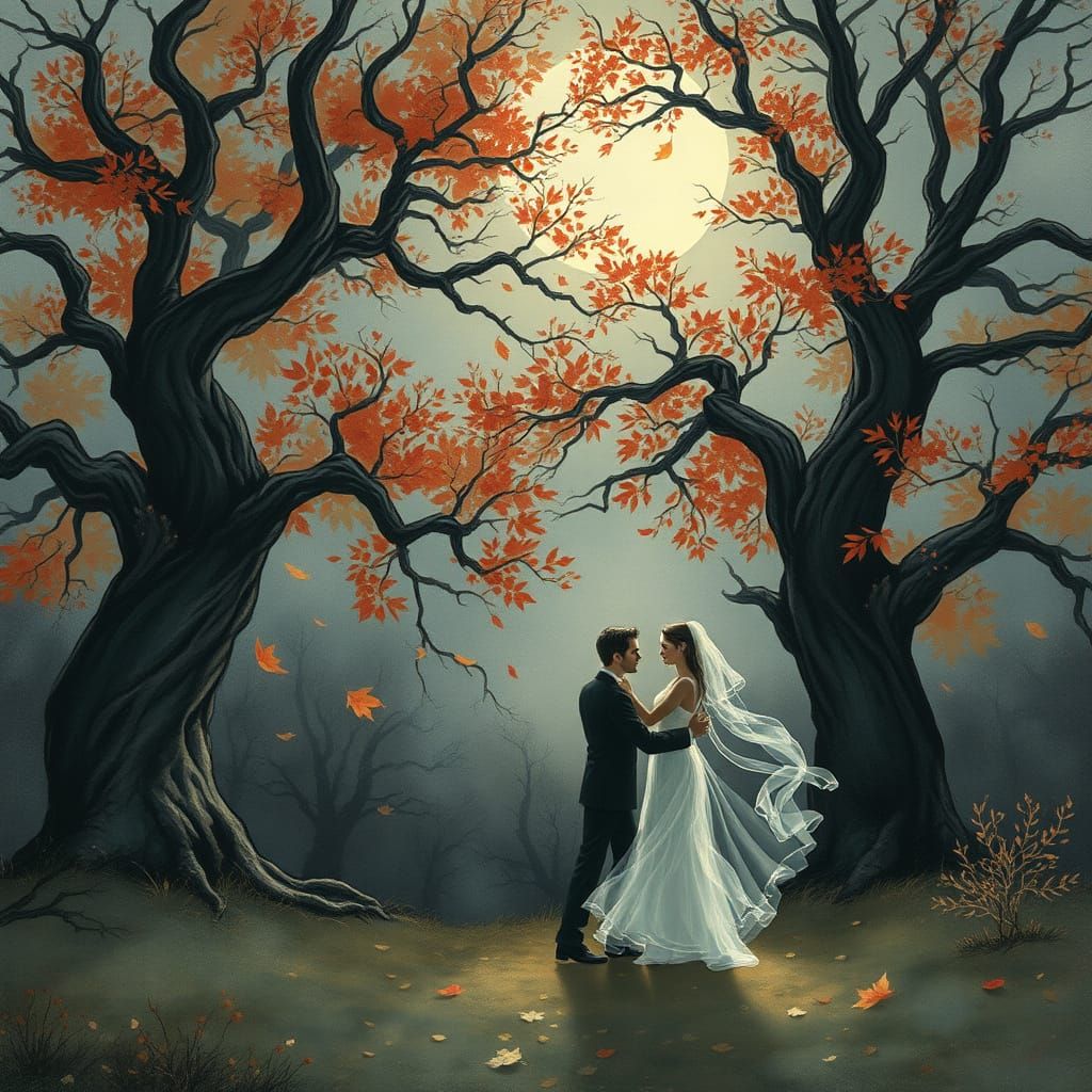 Ethereal Couple Dancing in Autumn Moonlight