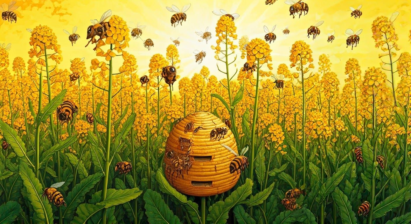 Bee Hive in Mustard Field Drawing, Syd Mead Style