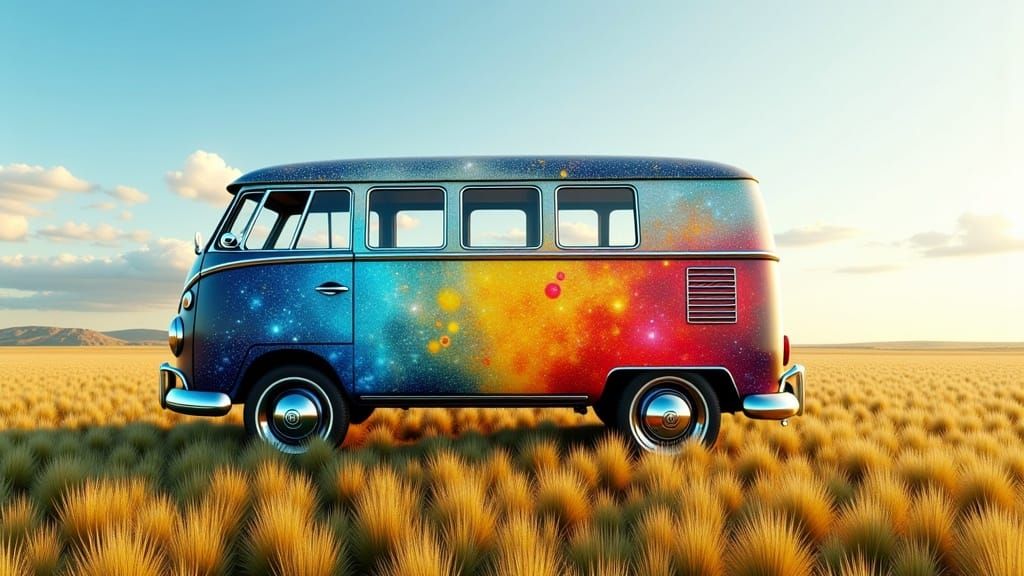 Side view of VW bus covered in alien themed patterns created in blue yellow and red ink splatter in an open grassy field...
