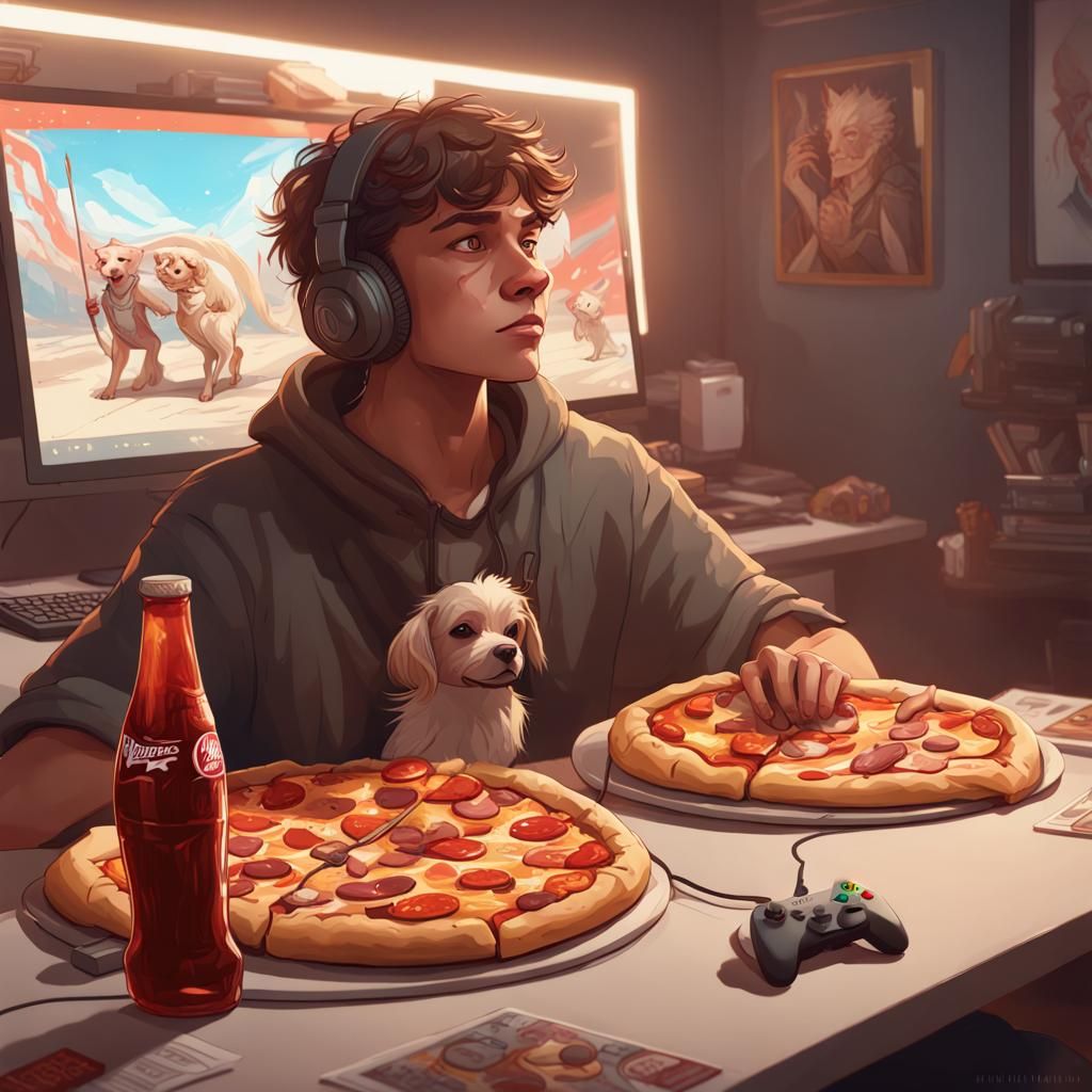 Teen Gamer Boy with Dog, Digital Art