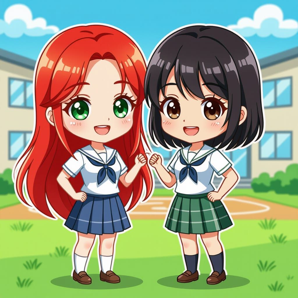 Chibi Style Japanese School Girls Posing Together