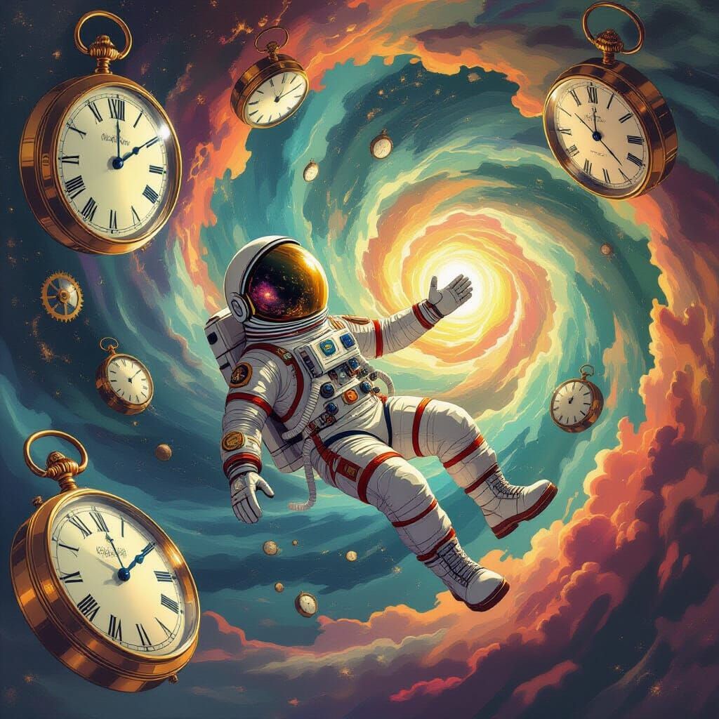 Astronaut in Ornate Suit Among Giant Watches in Surreal Void