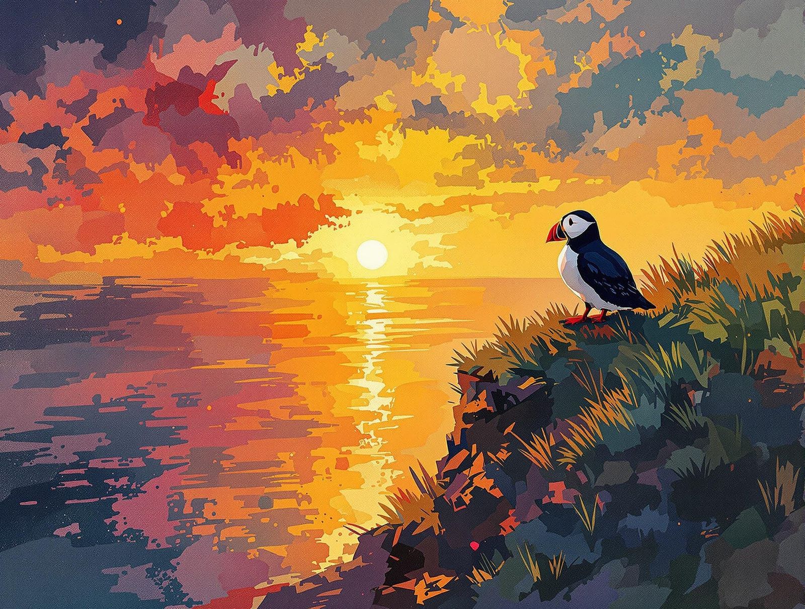 Surreal Sunset Cliff Scene with Puffin in Vibrant Colors