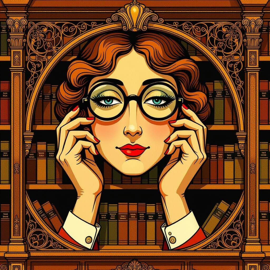 Art Nouveau Bookshelf Librarian with Geometric Posture