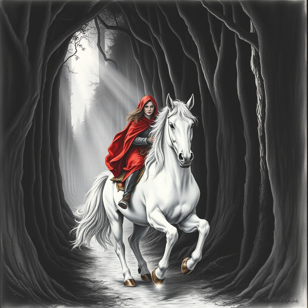 Red Cloaked Rider and Unicorn in Enchanted Forest Tunnel