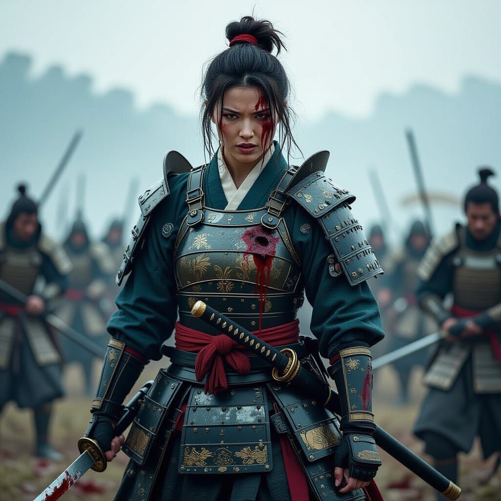 Furious Samurai Woman on Battlefield in Digital Art
