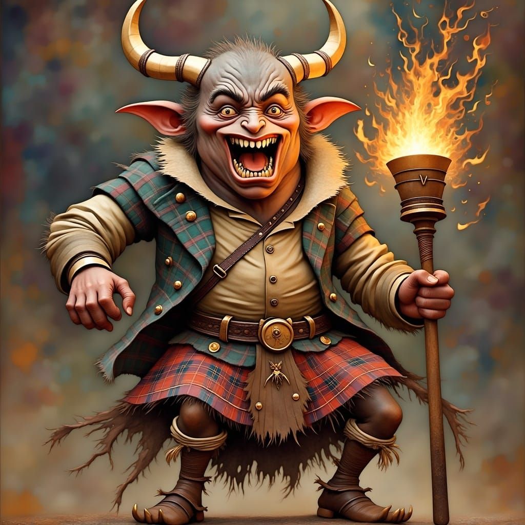 Fierce Dokkaebi Goblin with Golden Club and Kilt