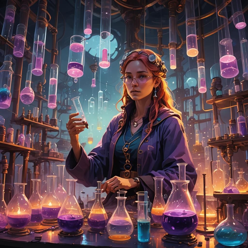 Mystical Chemistry Goddess in Ethereal Laboratory