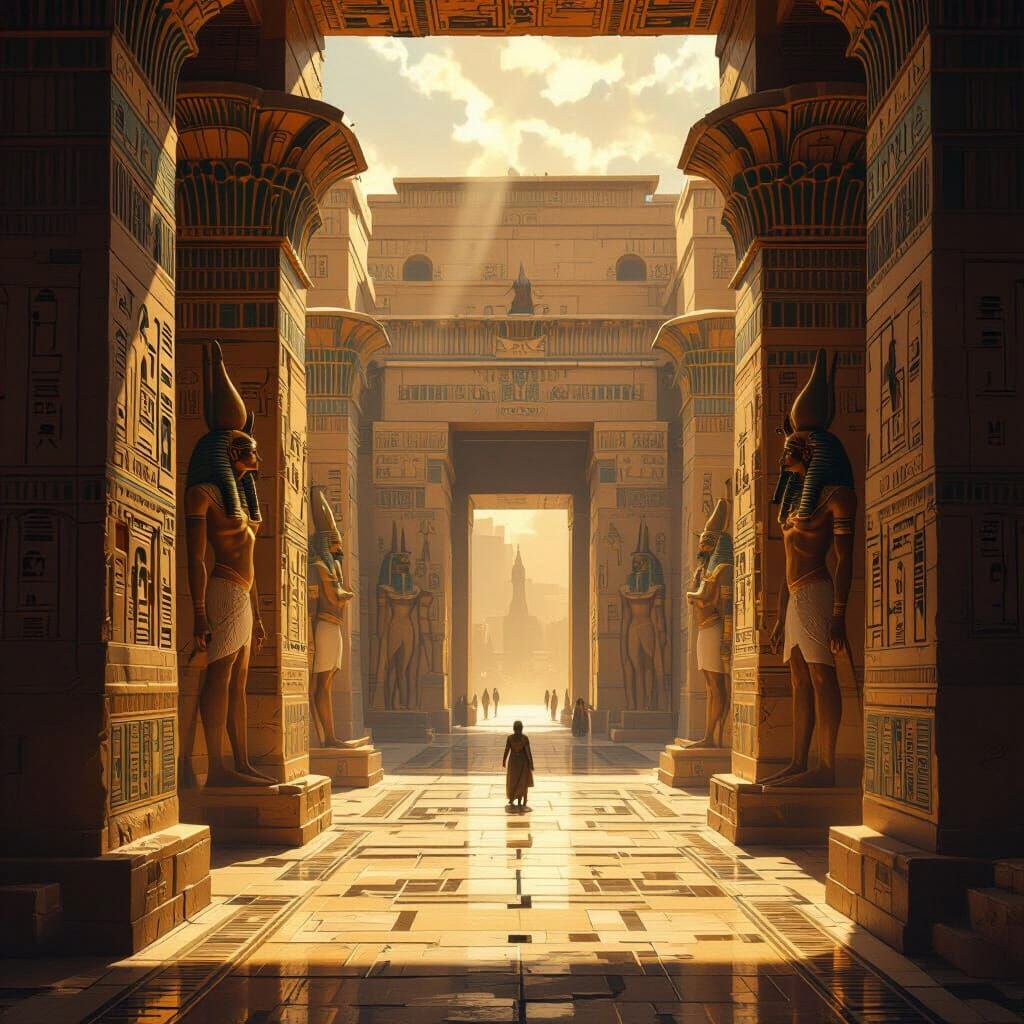 Nubian Palace Courtyard Gates of Underworld in Golden Light