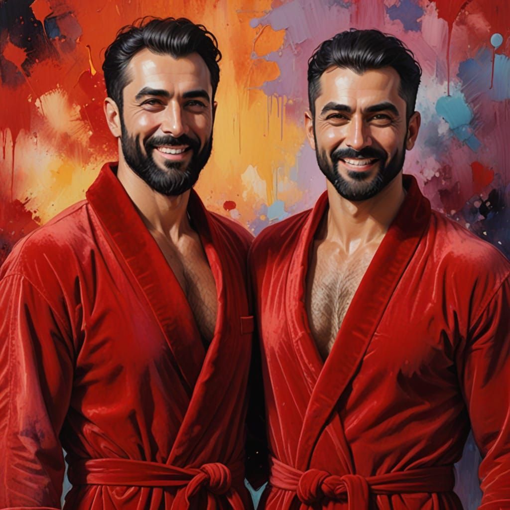 Two Handsome Men in Red Velvet Bathrobes