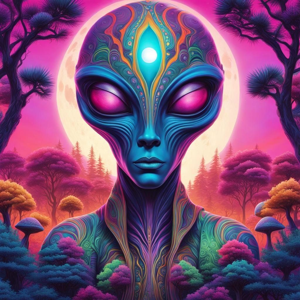 Hyperrealistic Alien in Psychedelic Mirrored World