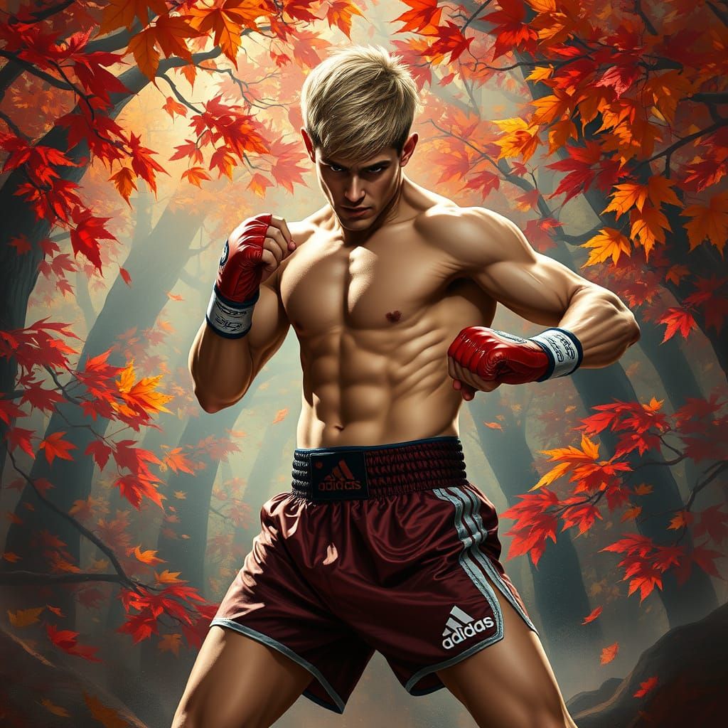 Muay Thai Fighter in Autumn Forest Digital Painting