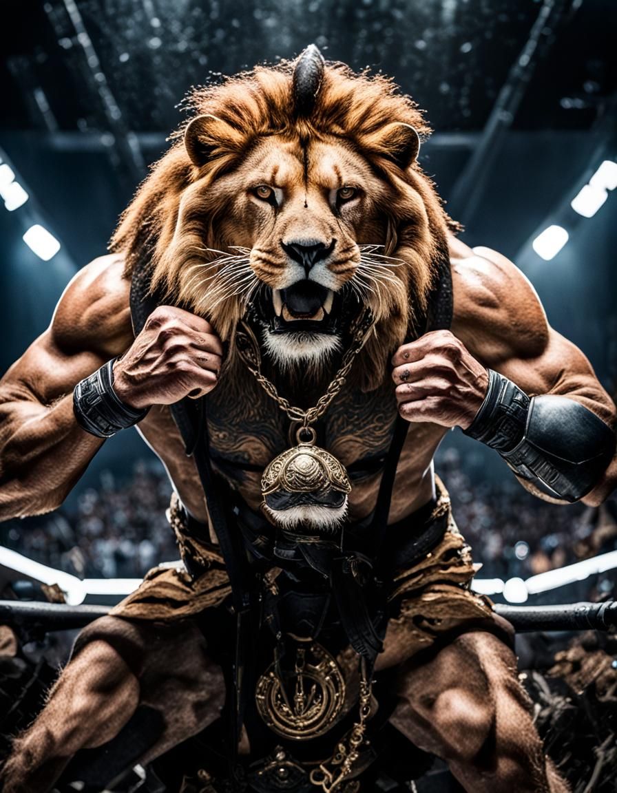 Moonlit Lion Cage Fighter with Tattoo