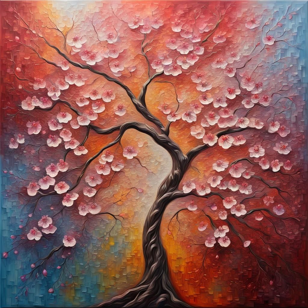 Abstract Blooming Cherry Tree: 3D Oil Painting