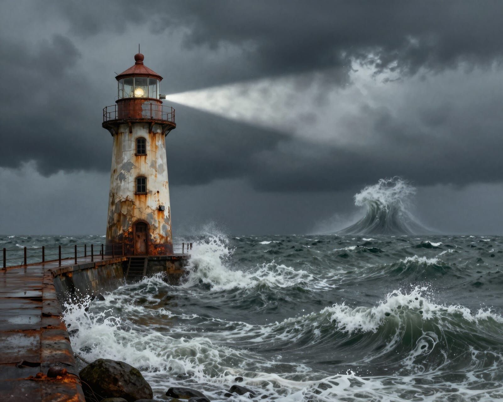 Weathered Lighthouse Beam Through Stormy Lake