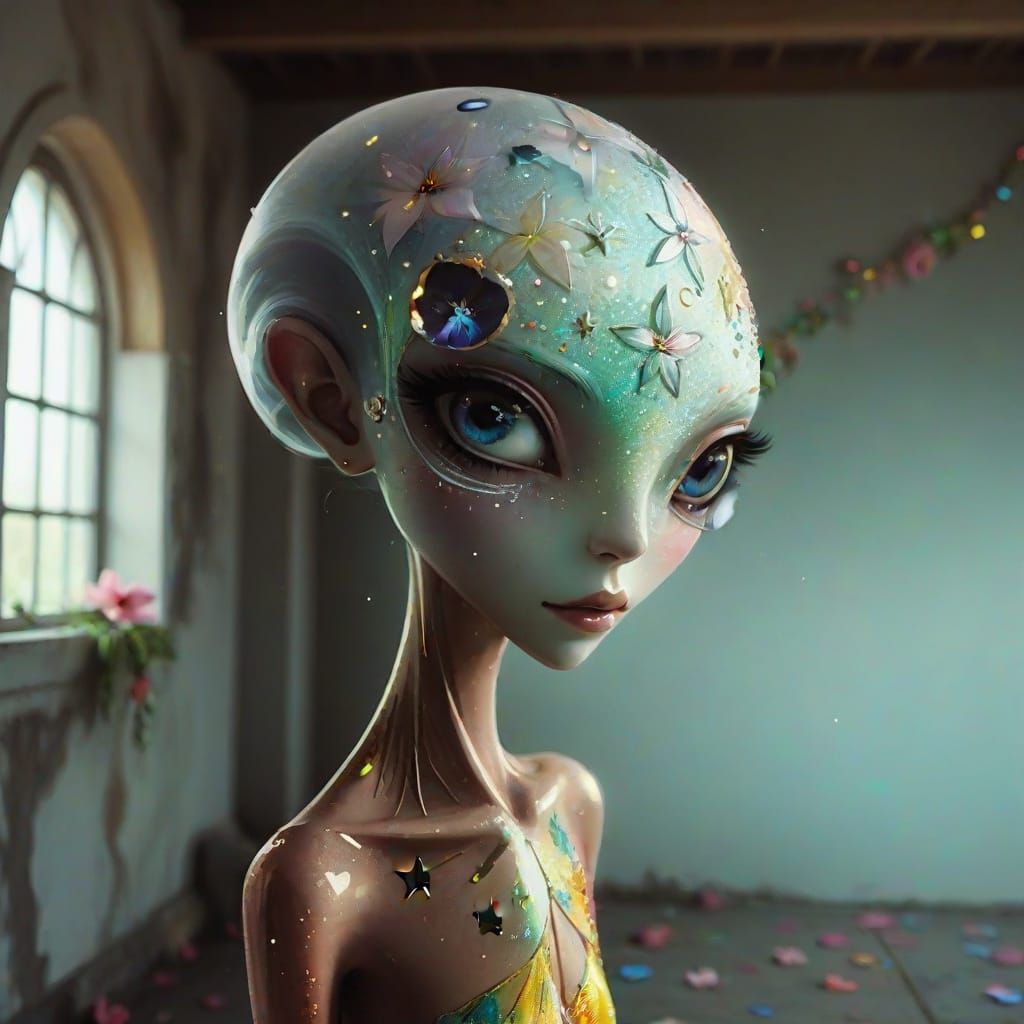 Opal Crystal Eyes Surrounded by Stars and Flowers