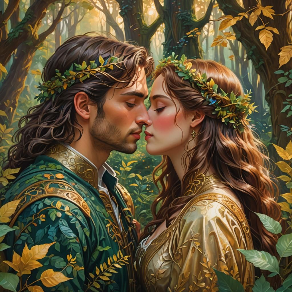 Couple's Tender Moment in Lush Forest, Pre-Raphaelite Style