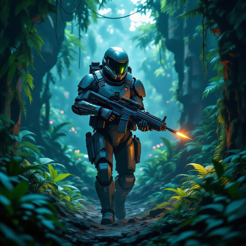 Mercenary Navigates Alien Jungle Ruins, Hyperrealistic