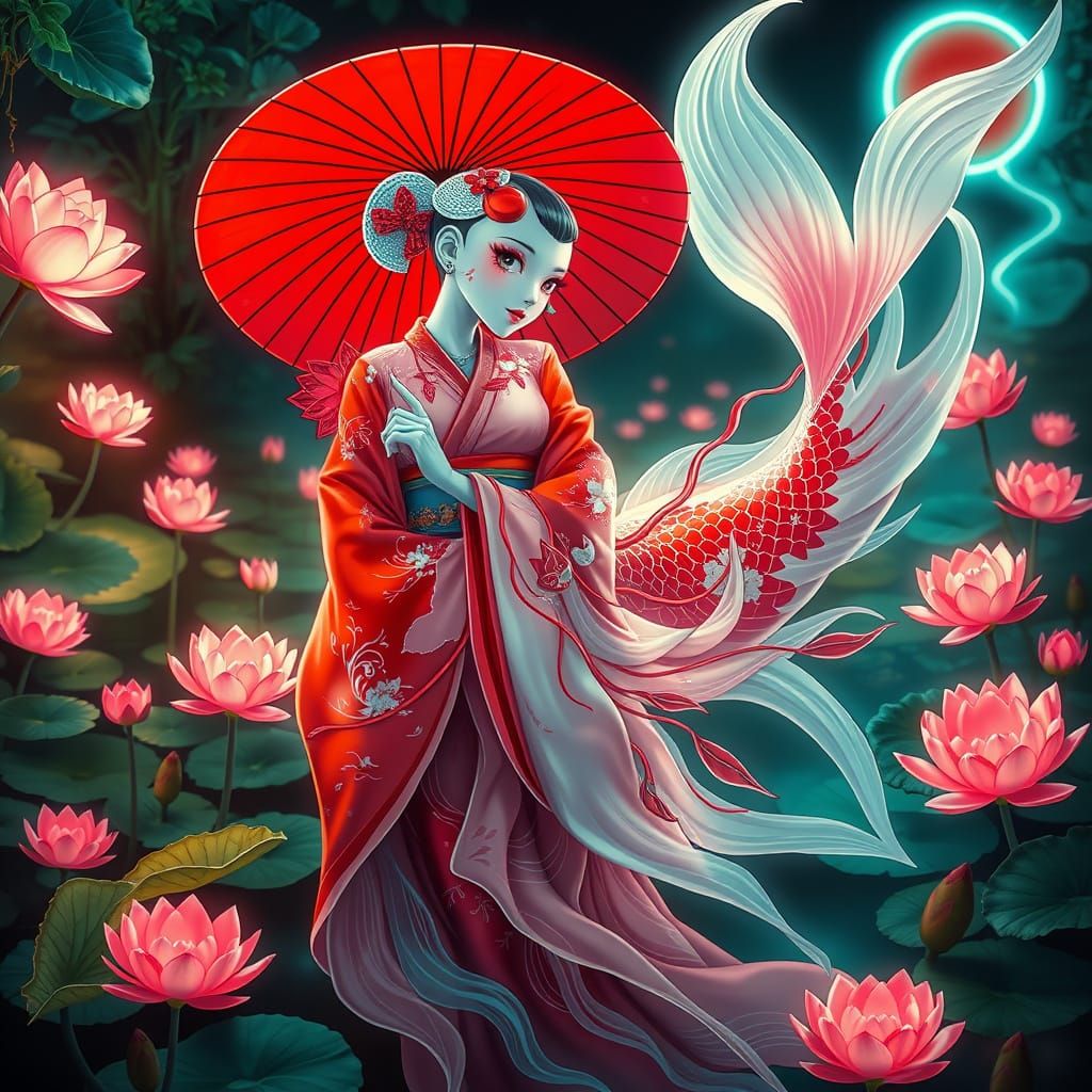 Koi Princess in Neon Garden, Dreamy Illustration