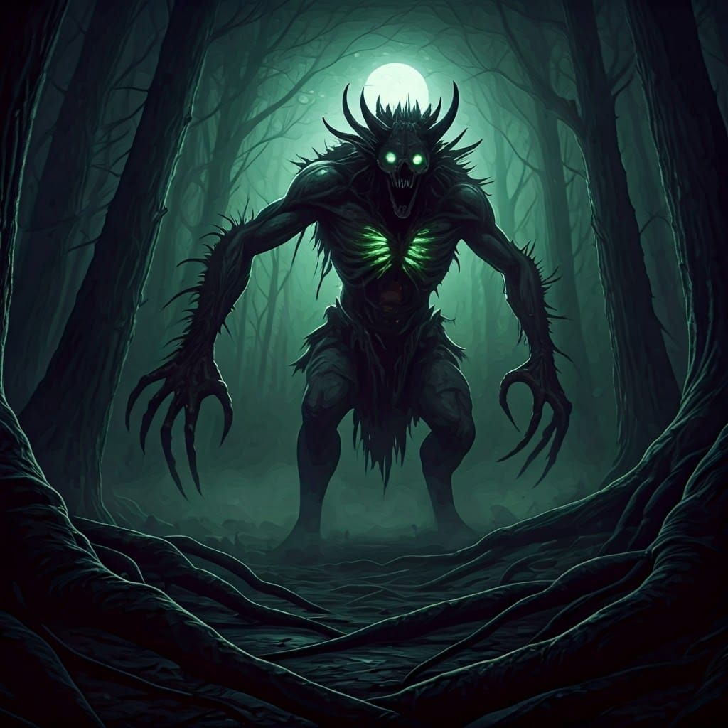 Terrifying Wendigo in Mist-Shrouded Woods: 8k Matte Painting