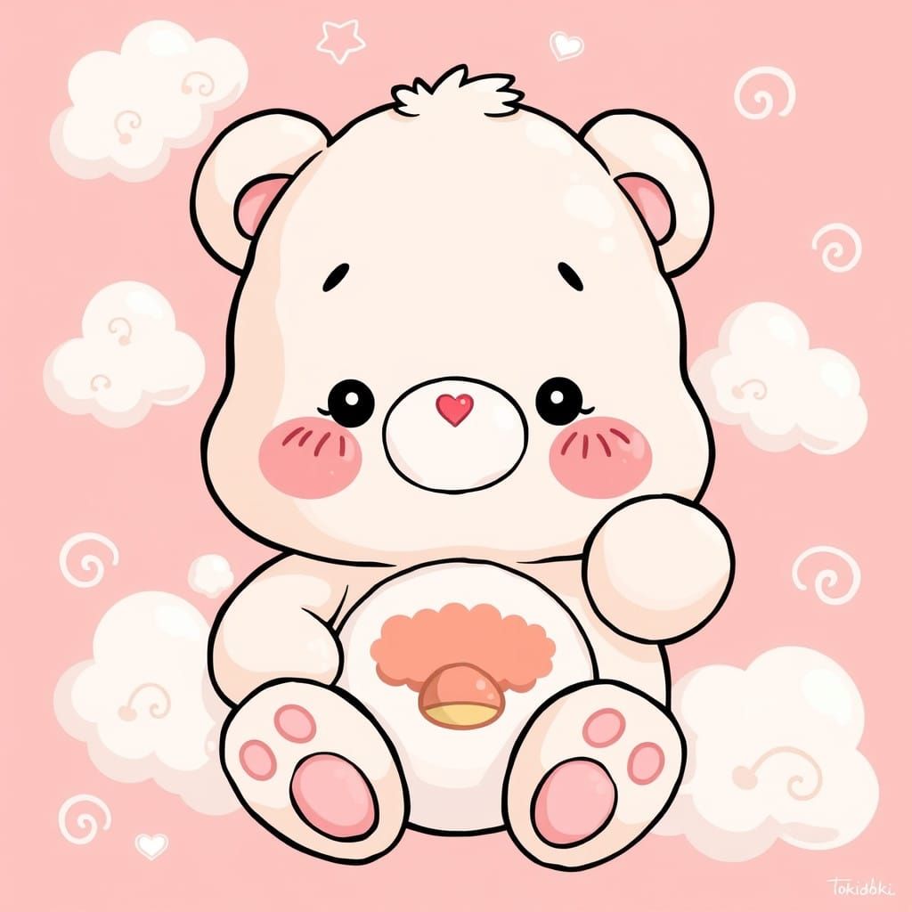 Cuddly Pastel Bear in Whimsical Clouds