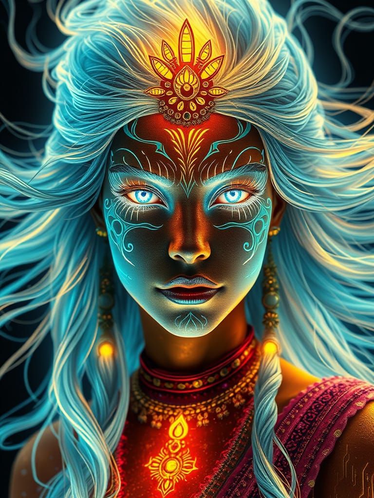 Bioluminescent Warrior Woman in Alcohol Ink Style