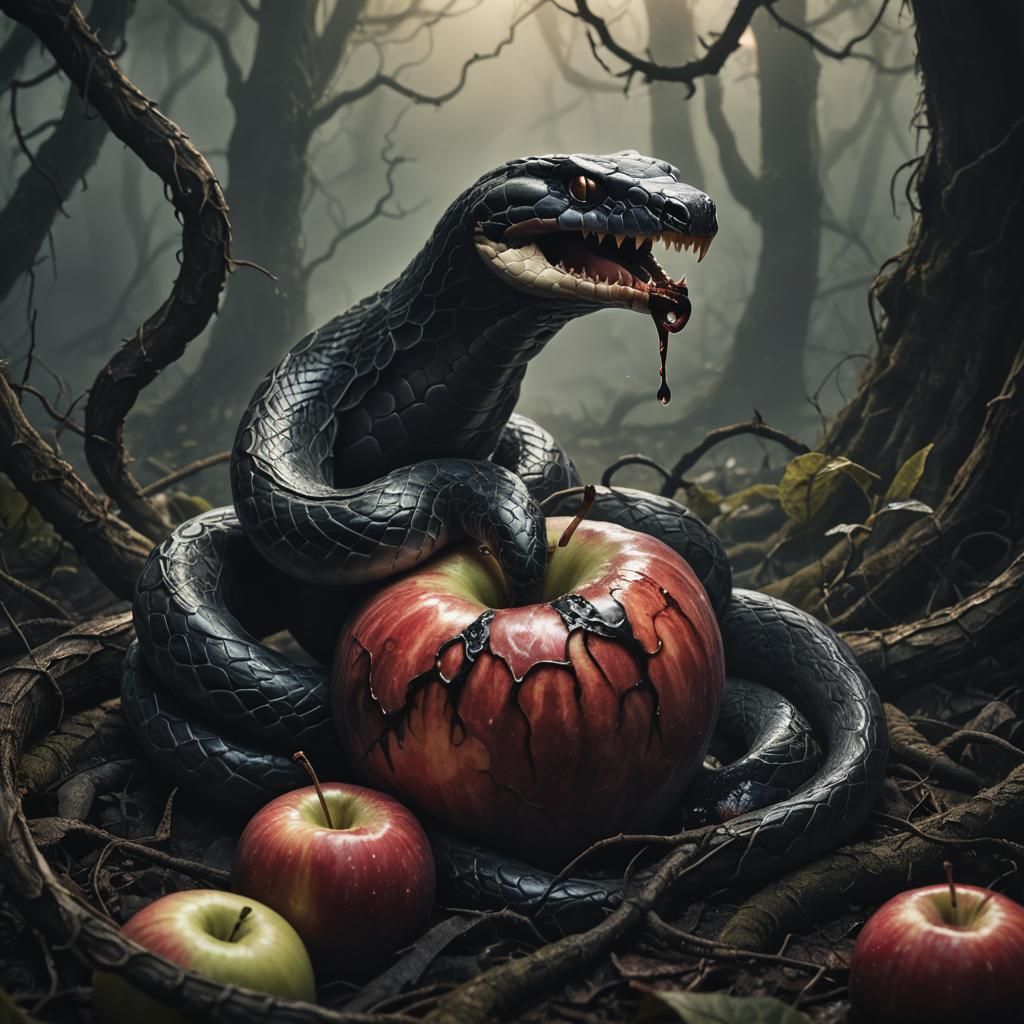 Venomous Snake Encircling Decaying Apple in Dark Forest