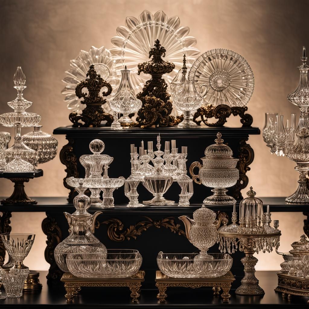 Ornate Crystal Glass Figurines on Dark Shelf