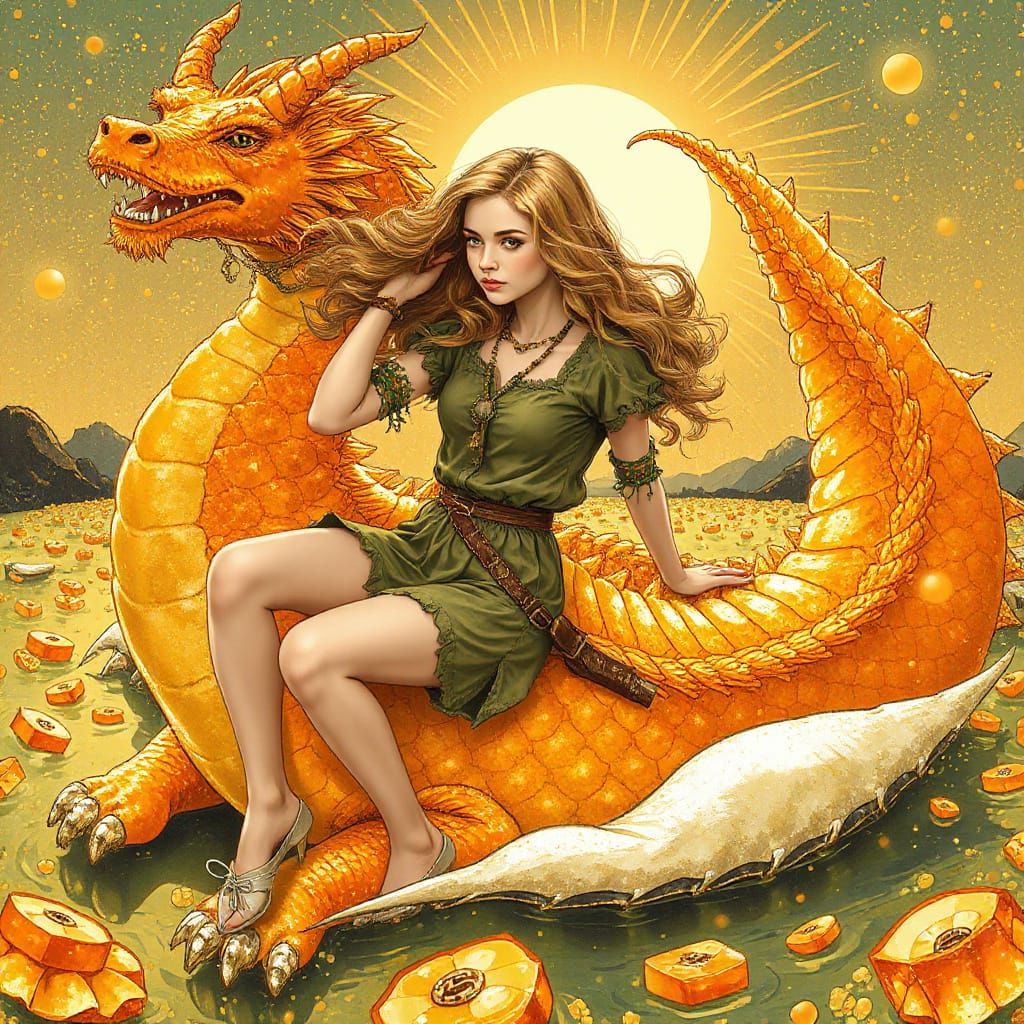 Woman on Gummy Dragon in Effervescent Soda Sea