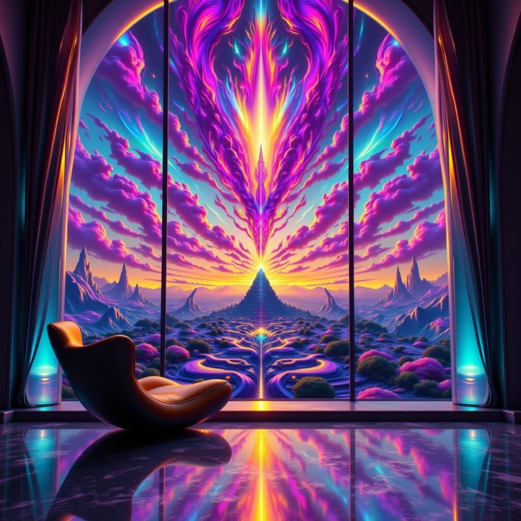 Surreal Armchair View with Angular Horizon in Psychedelic Co...