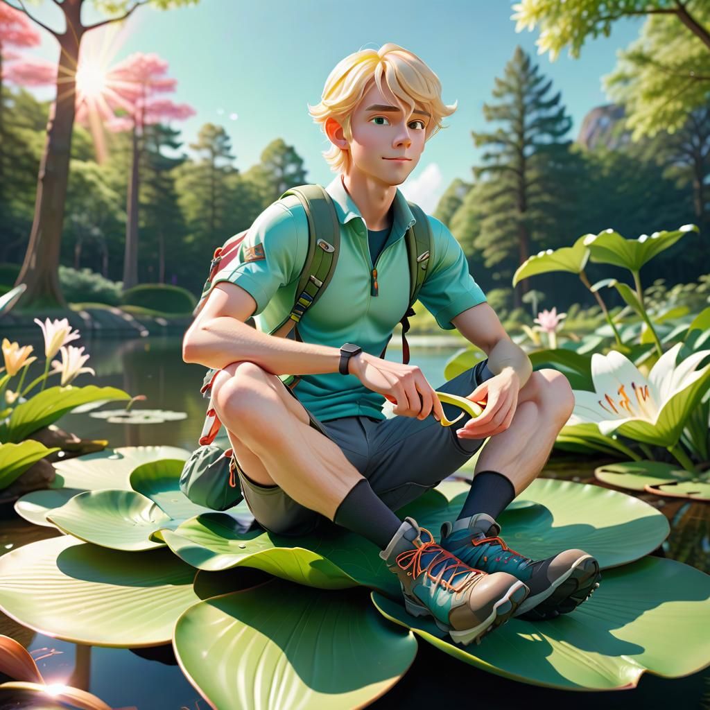 Man on Lily Pad with Boomerang: 3D Anime Art