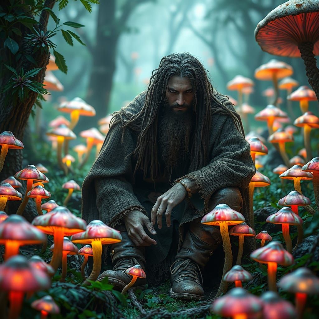 Gritty Hobbit Discovers Glowing Mushrooms in Lush Forest