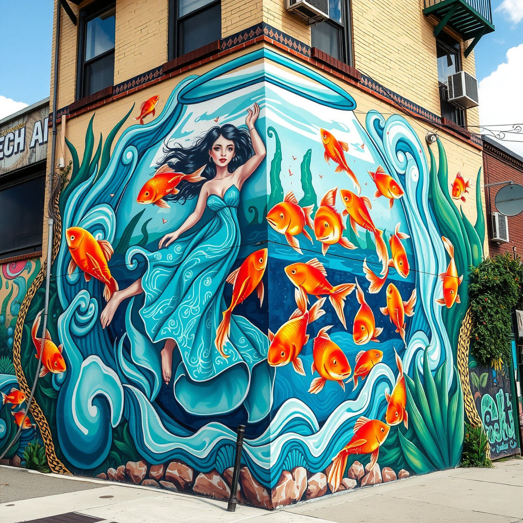 Surreal Woman in Fishbowl Street Art Mural