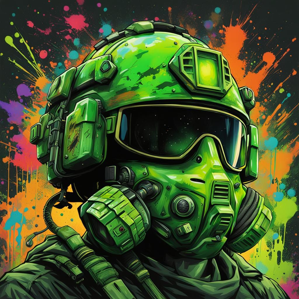 Green Tactical Helmet with Night Vision in Graffiti Art