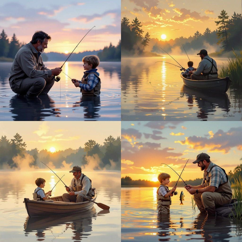 Father and Son Fishing by a Serene Lake