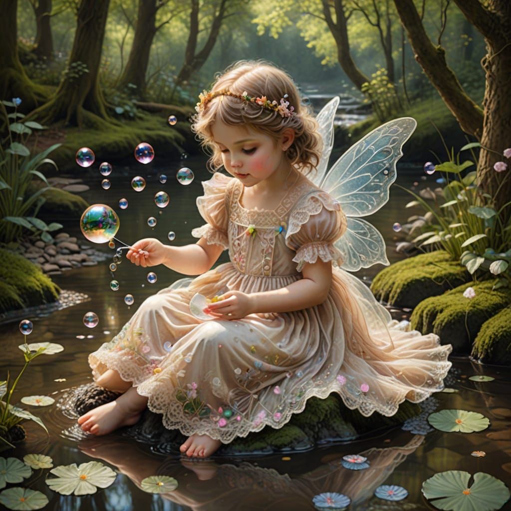 Delicate Fairy Child Plays with Soap Bubbles in Woodland Str...
