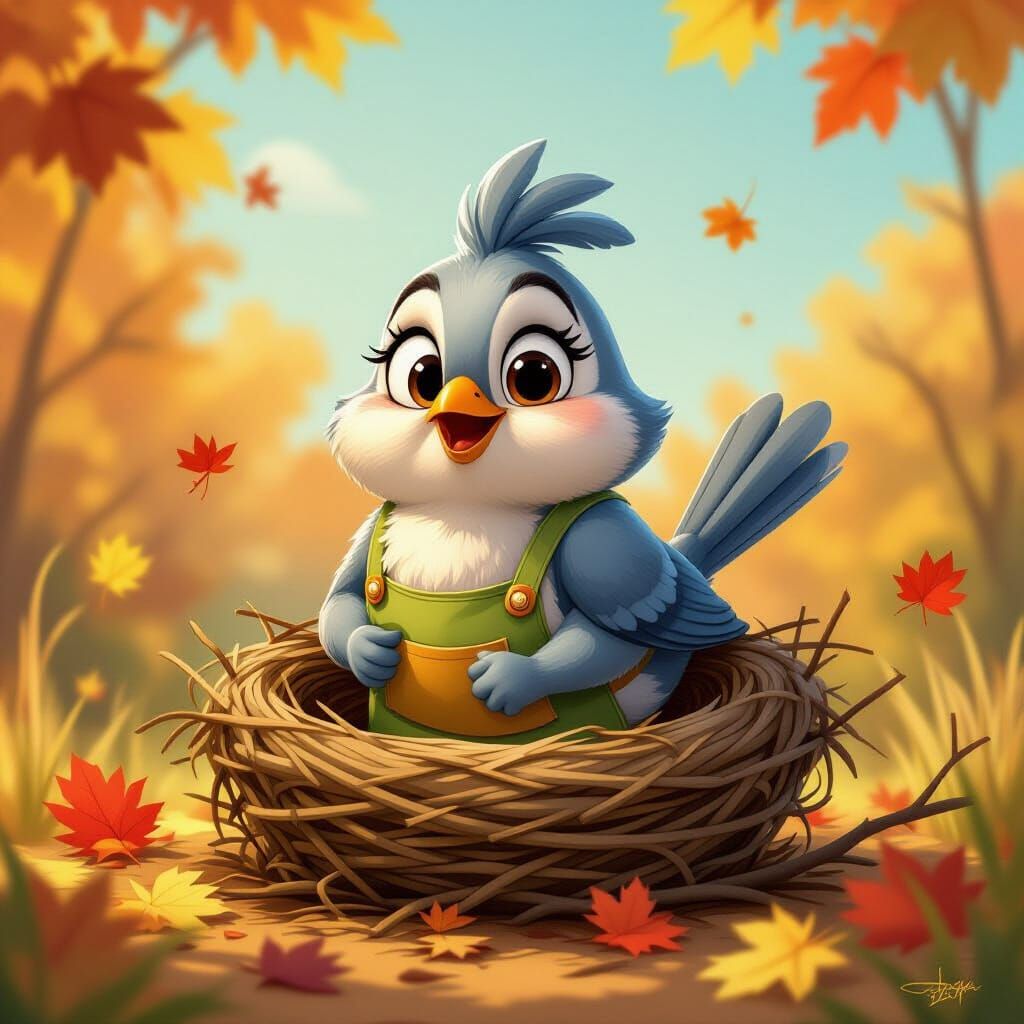Cartoon Bird Builds Nest in Whimsical Style
