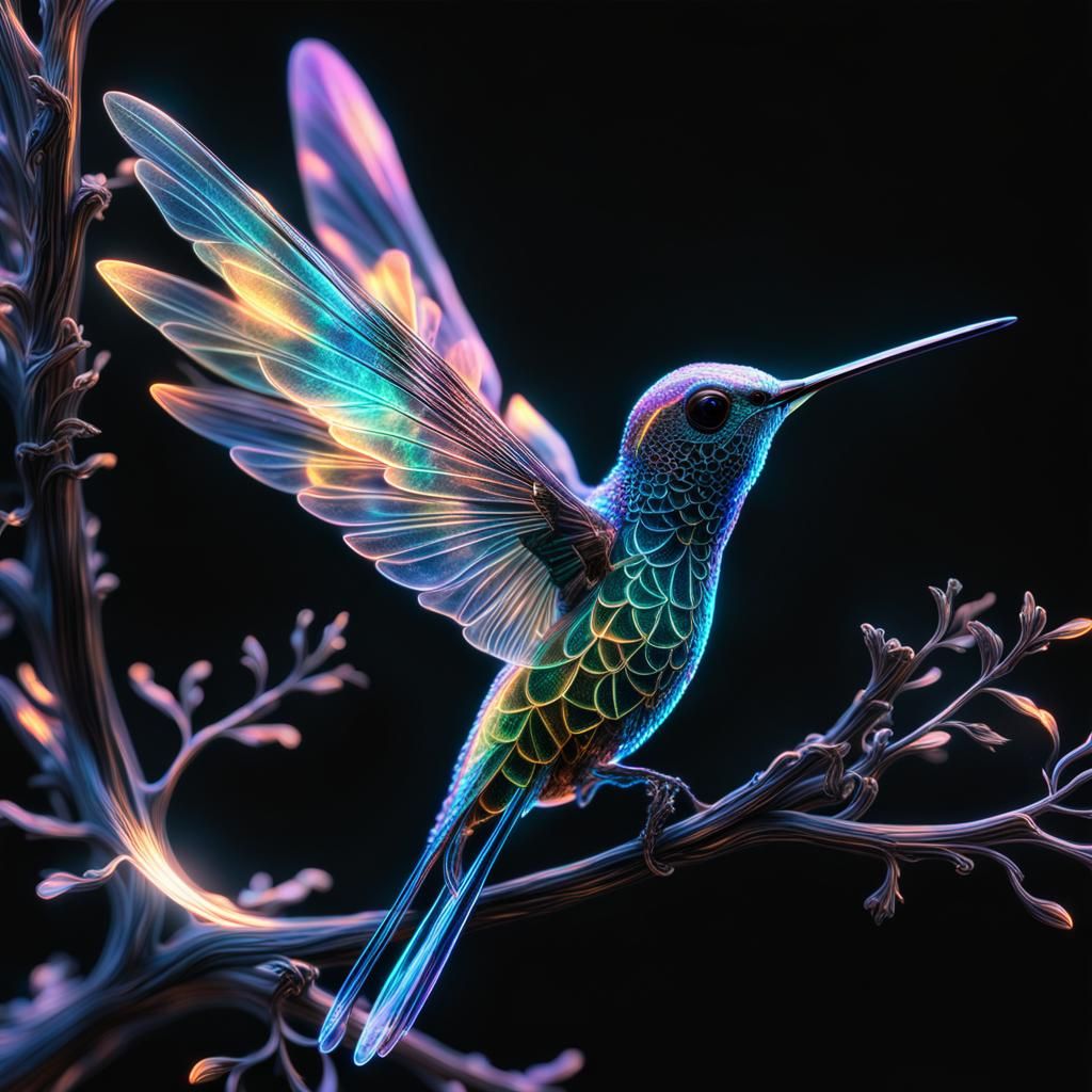 A mesmerizing and ethereal hologram of a gothic, hummingbird on a tree branch