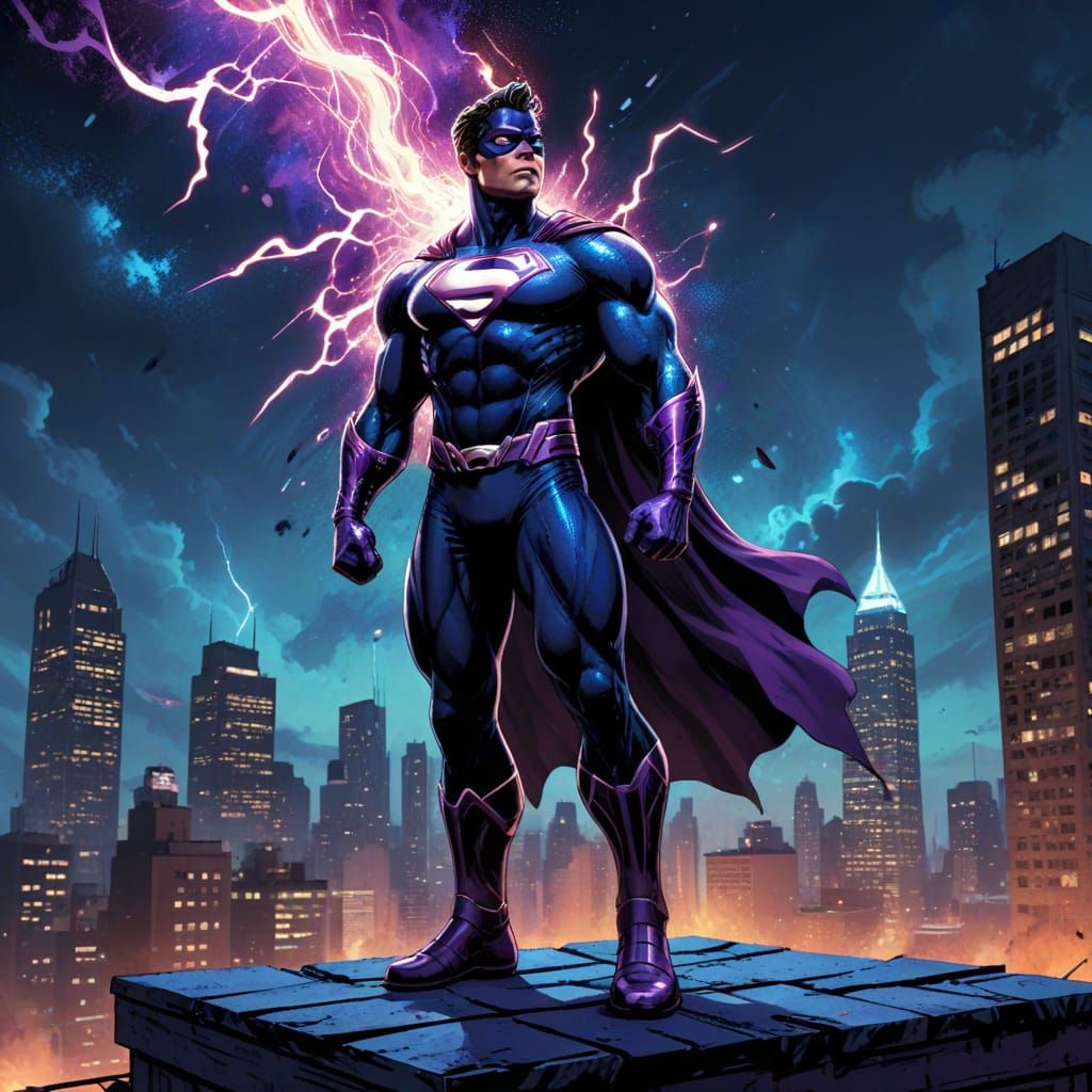 Superhero on Rooftop with Cosmic Aura in Dynamic Comic Style