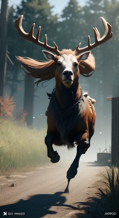 Antlered Woman Watching Flying Chicken, 3D Render