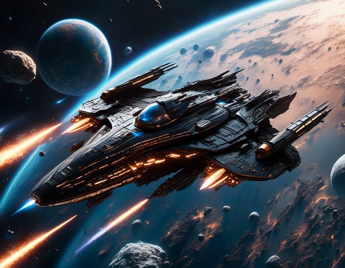 Sleek Iridescent Spaceships with Indigo Lights in Space