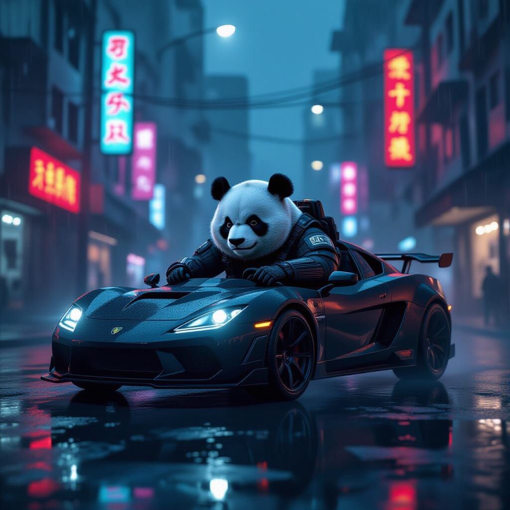 Panda Agent Drives Through Dark Cyberpunk Cityscape