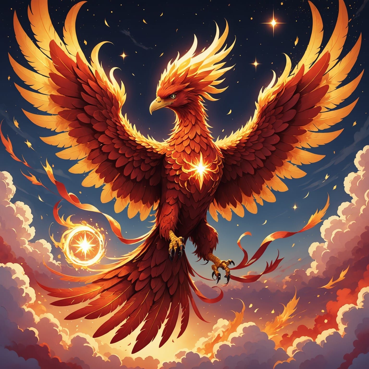 Radiant Phoenix Soaring Above Clouds with Star
