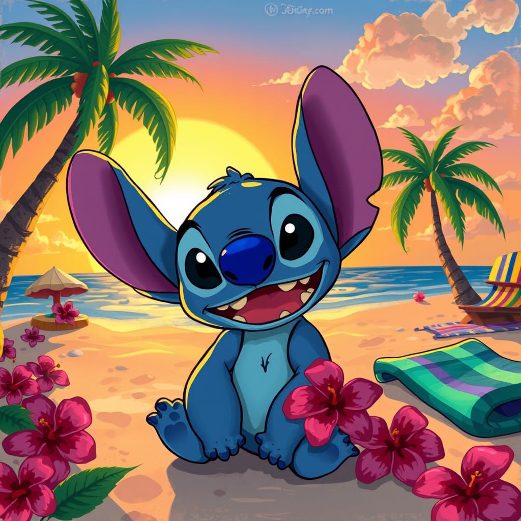 Whimsical Disney-Style Alien Sits on Beach at Sunset