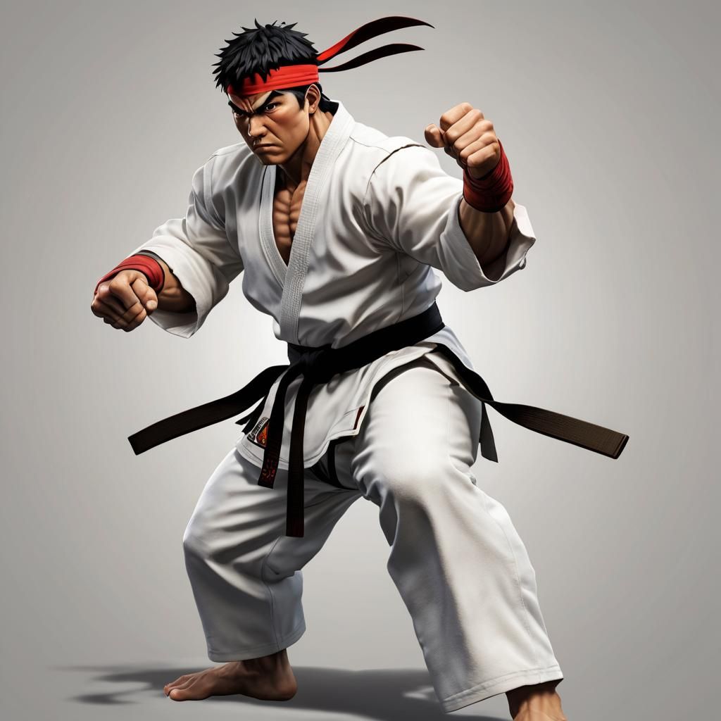 Ryu from Streetfighter, athletic martial artist, short black hair, Brown eyes, perfectly defined muscles, in a fighting ...