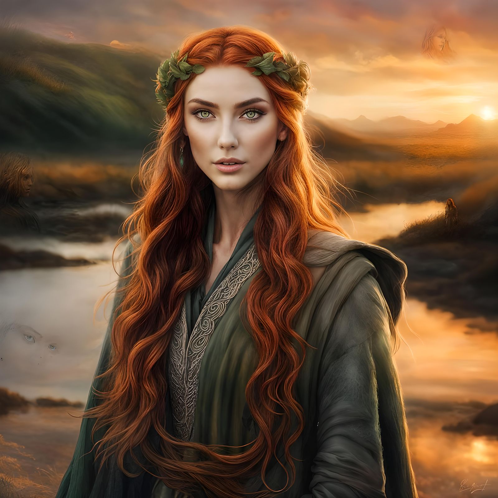 Beautiful Elven Woman with Copper Hair at Sunset
