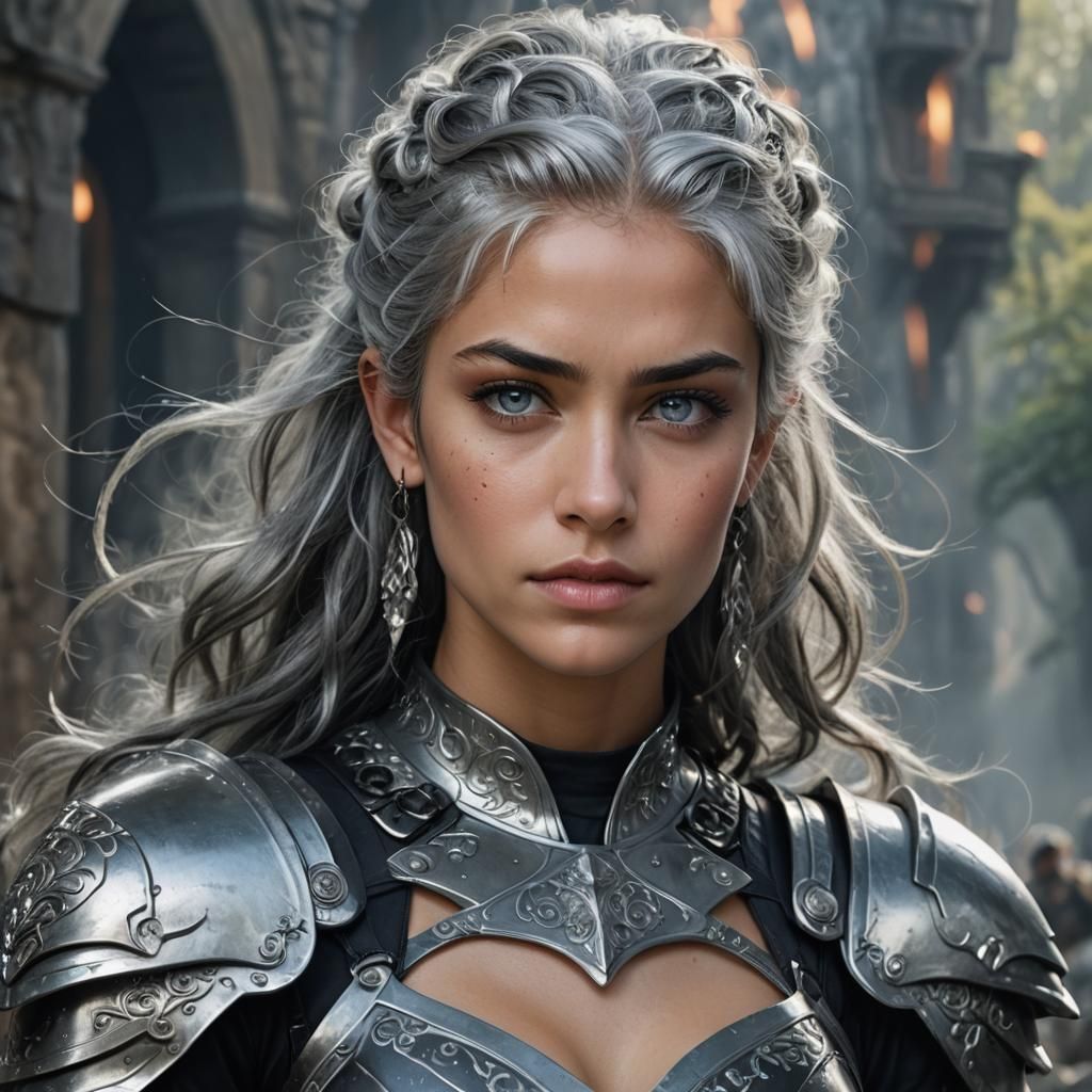 Enchantress with Silver Hair in Black Armor
