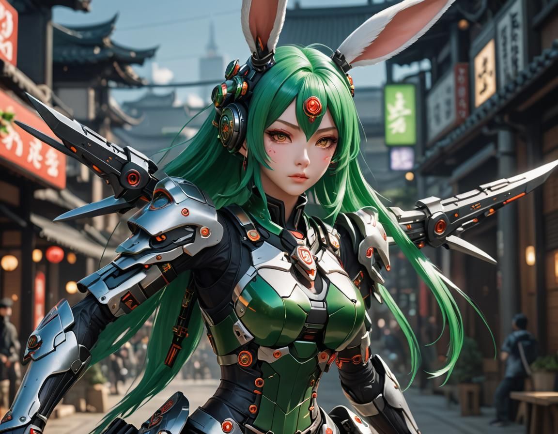 Cyborg Samurai Girl with Bunny Ears: 3D Anime Art