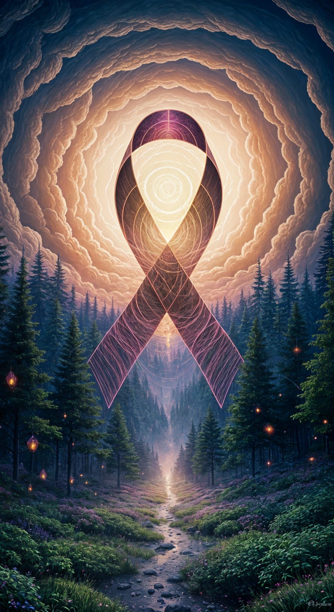Breast Cancer Ribbon in Enchanted Firefly Forest